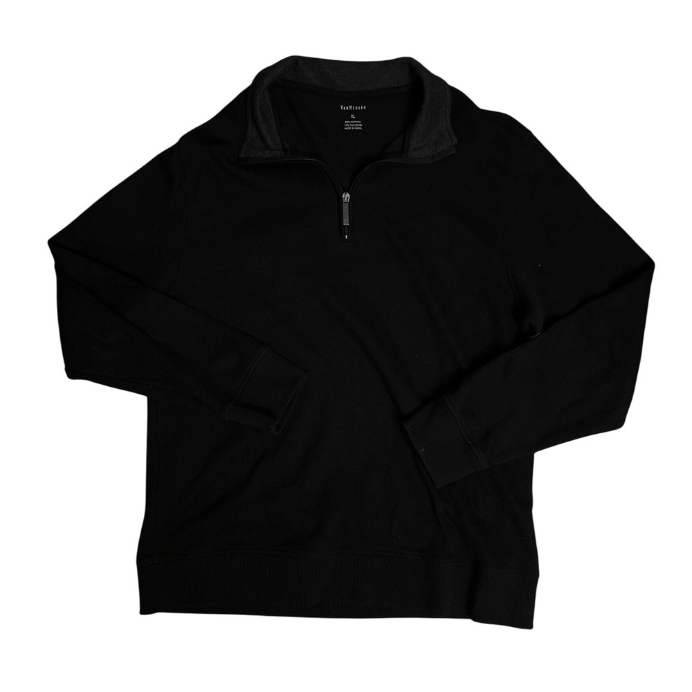 Van Heusen Mens XL Black Quarter Zip Pullover Sweater Cotton Blend Mock Neck
